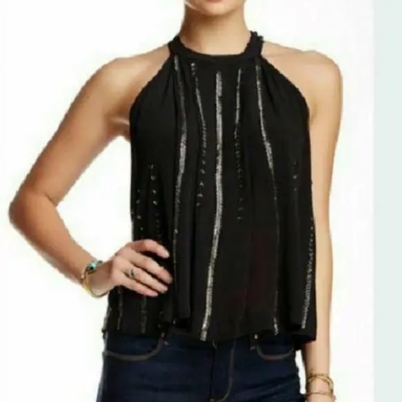 Free People Black Shimmer and Shine  Beaded Racerback Tank Top Blouse - Picture 2 of 7
